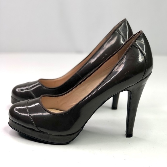Victor Alfaro Clairette patent leather platform stiletto heels dark taupe 7.5 - Picture 4 of 9
